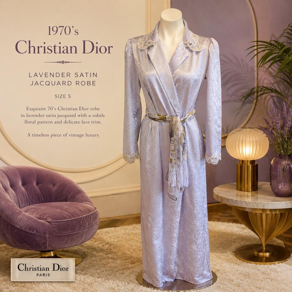 Christian Dior Vintage 70s Lavender Satin Jacquard Wrap Robe Lace Trim Small